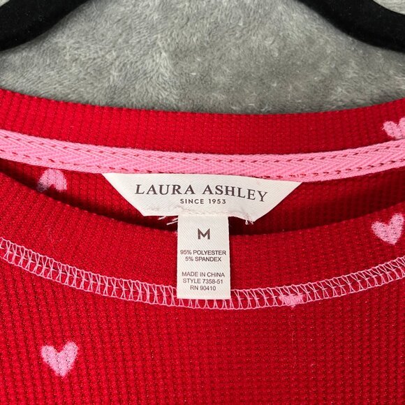Laura Ashley Heart Print Pajama Set Women’s M Red Waffle Knit Y2K Cozy Valentine - Picture 3 of 16